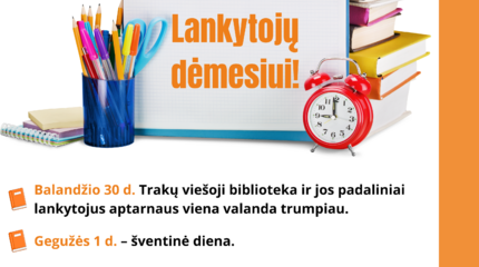 Darbo laikas balandžio 30 ir gegužės 1–2 dienomis